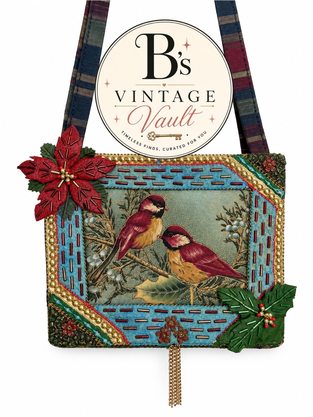 Vintage Mary Frances "Poinsettia & Red Birds" Christmas Box Purse